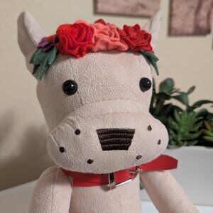 Sitting Bulldog Plush, Flowers Headband, New